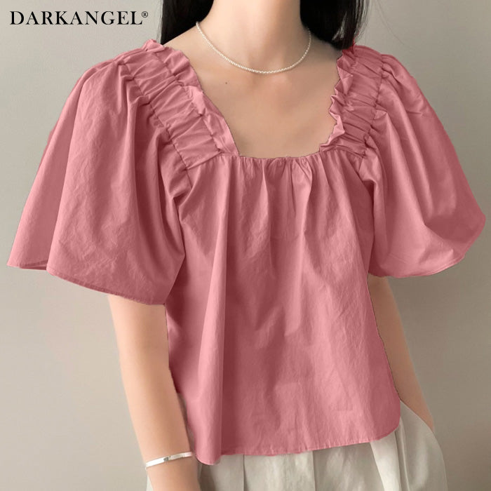 フリルギャザー入りスクエアネックブラウス