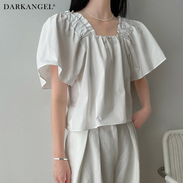 フリルギャザー入りスクエアネックブラウス