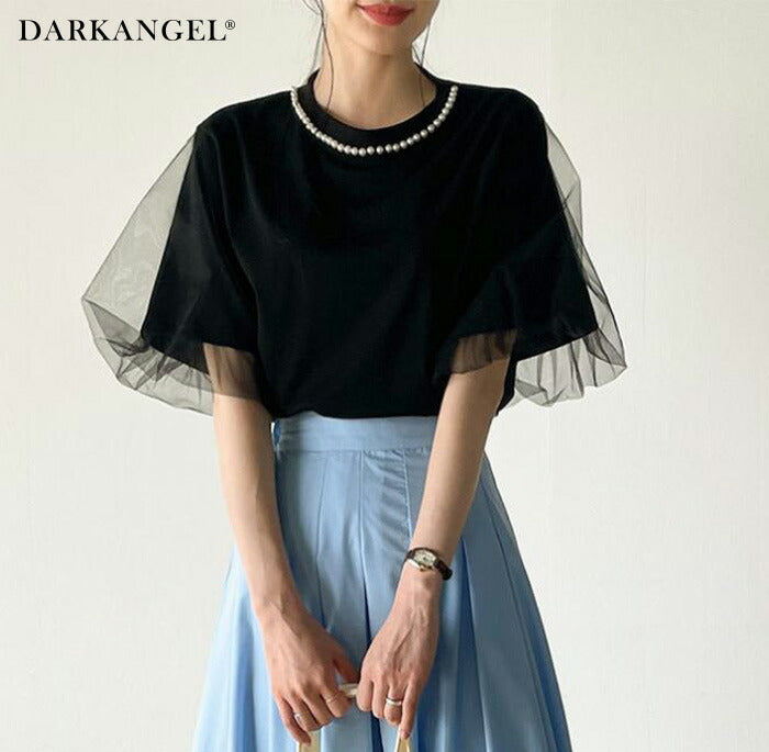 パールチュール袖Tシャツ