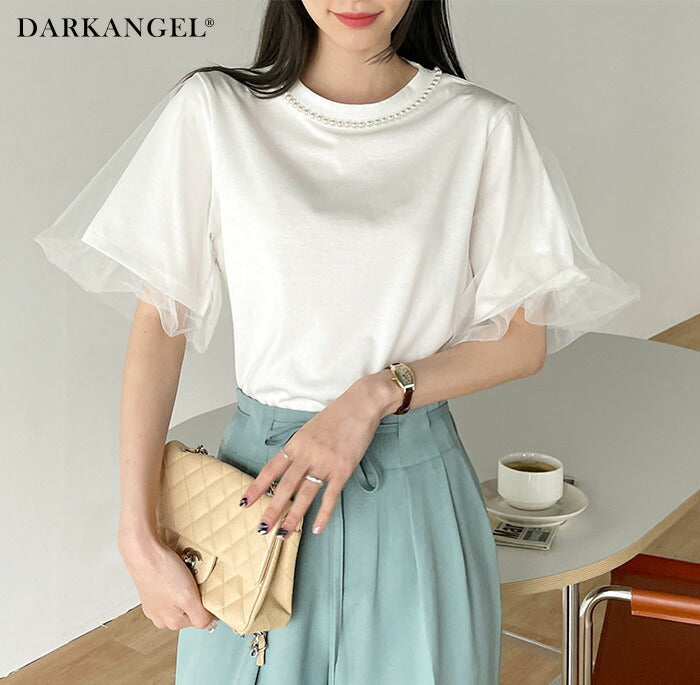 パールチュール袖Tシャツ