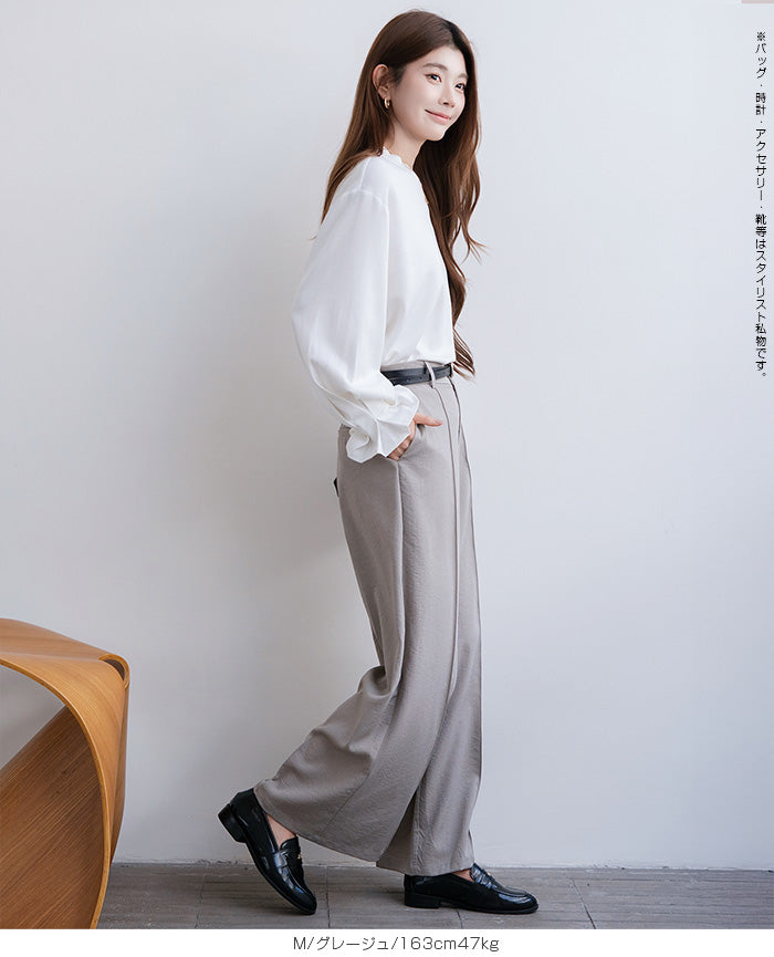 リネン風ピンタック入りワイドパンツ