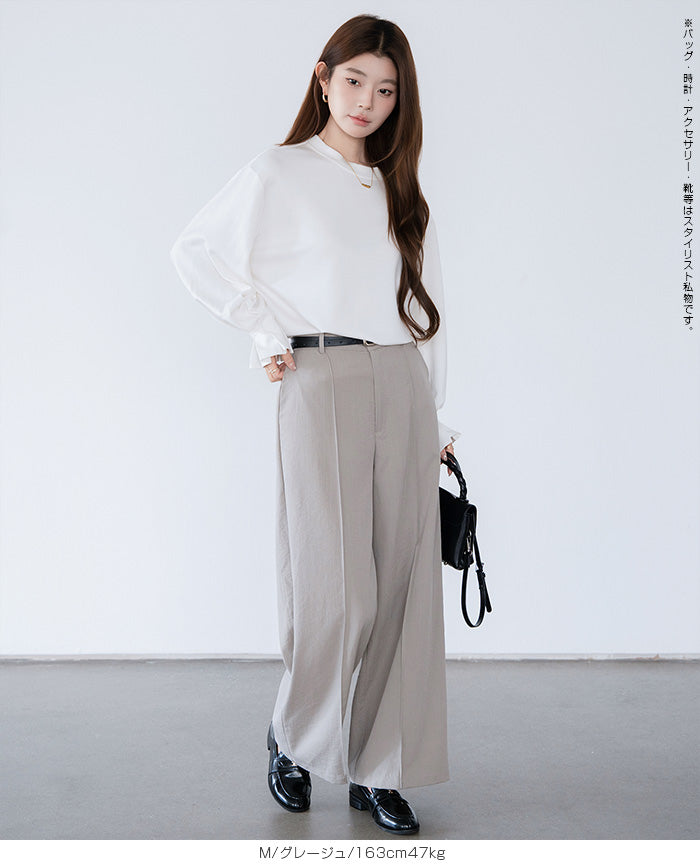 リネン風ピンタック入りワイドパンツ