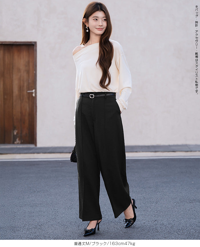 リネン風ピンタック入りワイドパンツ