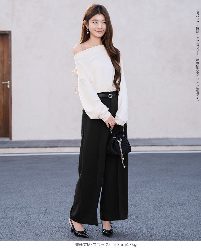 リネン風ピンタック入りワイドパンツ