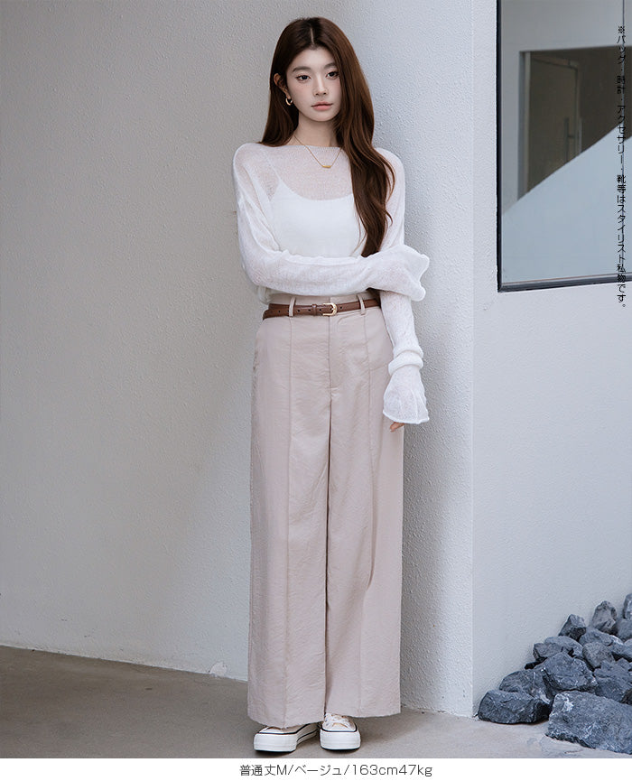 リネン風ピンタック入りワイドパンツ