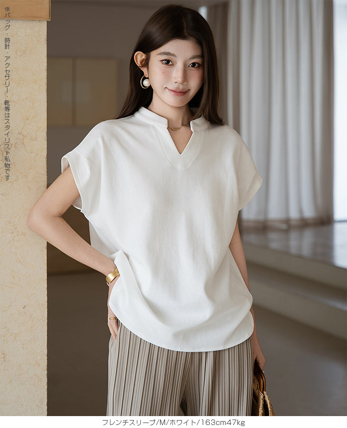 キーネックフレンチスリーブトップス