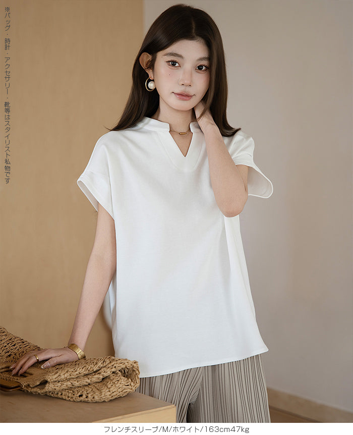 キーネックフレンチスリーブトップス