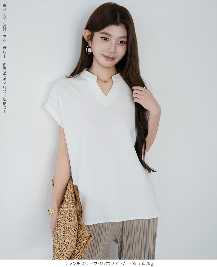 キーネックフレンチスリーブトップス