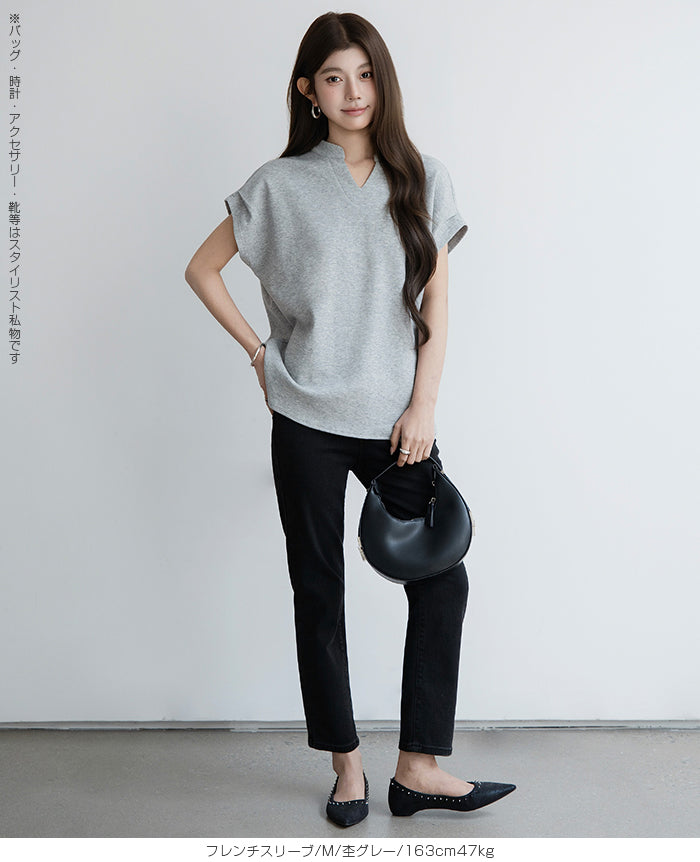 キーネックフレンチスリーブトップス