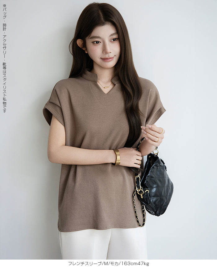 キーネックフレンチスリーブトップス