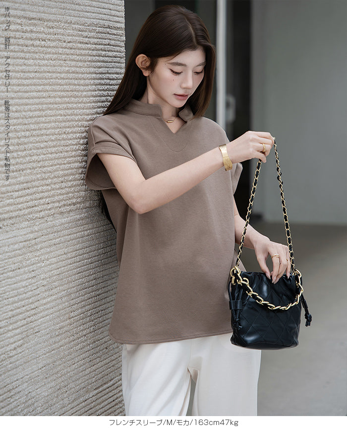 キーネックフレンチスリーブトップス