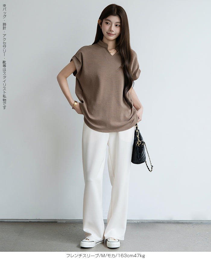 キーネックフレンチスリーブトップス