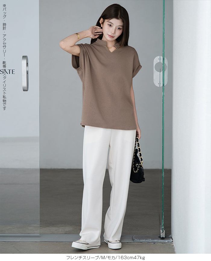 キーネックフレンチスリーブトップス