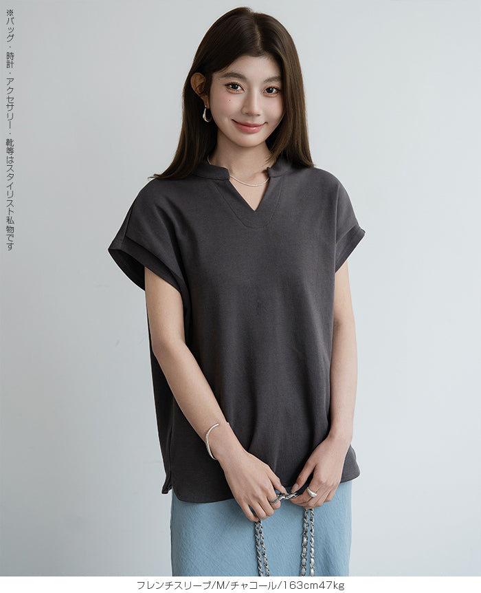 キーネックフレンチスリーブトップス