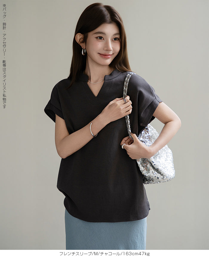 キーネックフレンチスリーブトップス