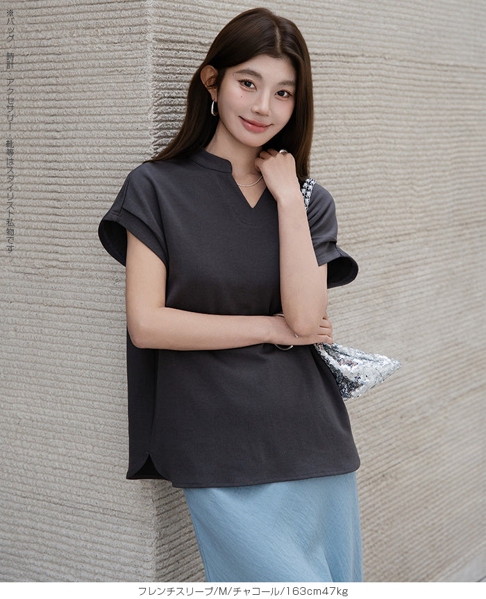 キーネックフレンチスリーブトップス