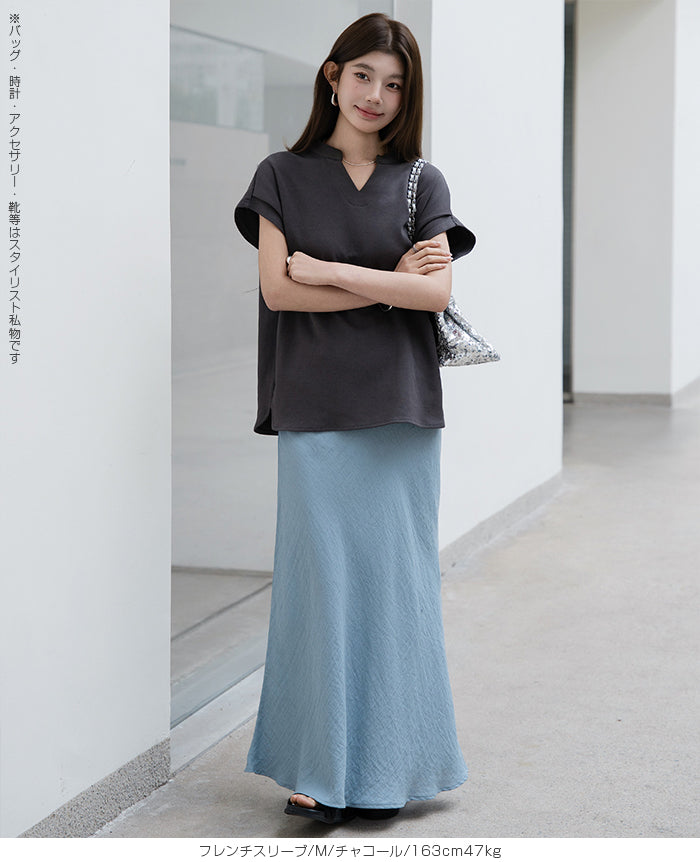 キーネックフレンチスリーブトップス