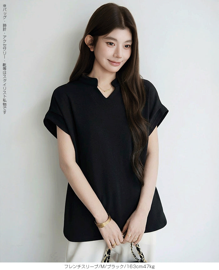 キーネックフレンチスリーブトップス