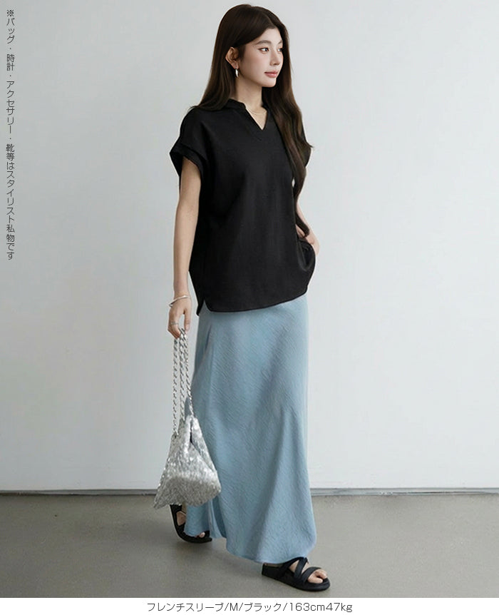 キーネックフレンチスリーブトップス