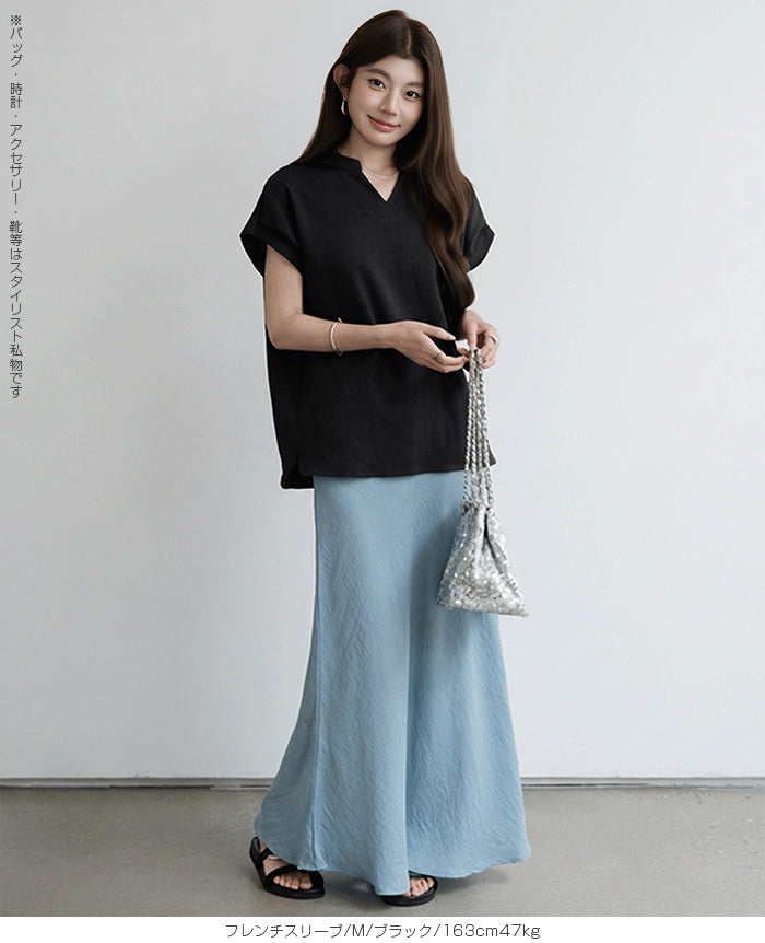 キーネックフレンチスリーブトップス