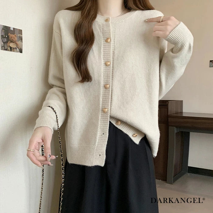 ハートボタンニットカーディガン レディース 長袖 羽織り 春秋冬 体型