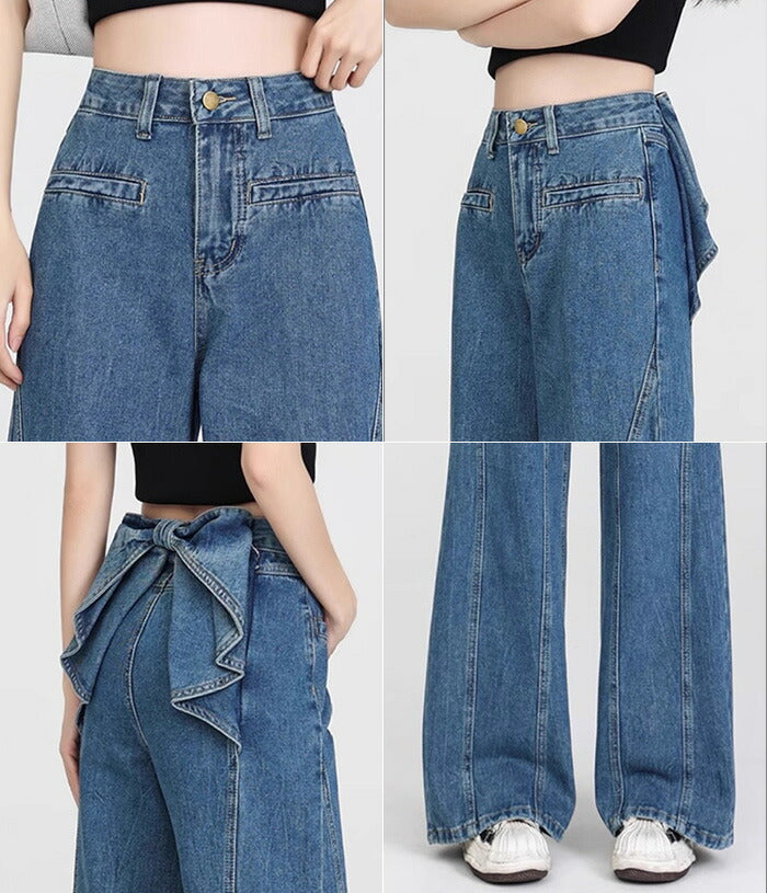 バックリボンデニムパンツ後ろ姿に華やかさを添えるバックリボンが