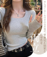 サムホール付きスクエアネックリブニット