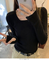 サムホール付きスクエアネックリブニット