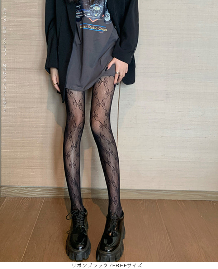 06花柄＆リボンレースストッキングパンツ