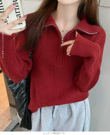 リブニット ハーフジップ ファスナー 襟付き 長袖 レディース セーター トップス プルオーバー ポロニット ハイネック タートルネック 白 黒 赤 ブラウン アイボリー【ハーフジップリブニット】