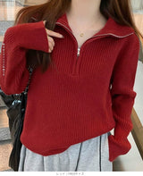 リブニット ハーフジップ ファスナー 襟付き 長袖 レディース セーター トップス プルオーバー ポロニット ハイネック タートルネック 白 黒 赤 ブラウン アイボリー【ハーフジップリブニット】