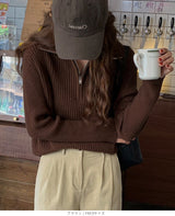 リブニット ハーフジップ ファスナー 襟付き 長袖 レディース セーター トップス プルオーバー ポロニット ハイネック タートルネック 白 黒 赤 ブラウン アイボリー【ハーフジップリブニット】