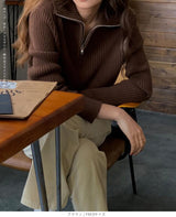 リブニット ハーフジップ ファスナー 襟付き 長袖 レディース セーター トップス プルオーバー ポロニット ハイネック タートルネック 白 黒 赤 ブラウン アイボリー【ハーフジップリブニット】