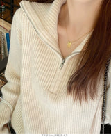 リブニット ハーフジップ ファスナー 襟付き 長袖 レディース セーター トップス プルオーバー ポロニット ハイネック タートルネック 白 黒 赤 ブラウン アイボリー【ハーフジップリブニット】