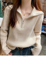 リブニット ハーフジップ ファスナー 襟付き 長袖 レディース セーター トップス プルオーバー ポロニット ハイネック タートルネック 白 黒 赤 ブラウン アイボリー【ハーフジップリブニット】