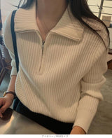 リブニット ハーフジップ ファスナー 襟付き 長袖 レディース セーター トップス プルオーバー ポロニット ハイネック タートルネック 白 黒 赤 ブラウン アイボリー【ハーフジップリブニット】