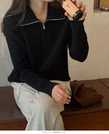 リブニット ハーフジップ ファスナー 襟付き 長袖 レディース セーター トップス プルオーバー ポロニット ハイネック タートルネック 白 黒 赤 ブラウン アイボリー【ハーフジップリブニット】