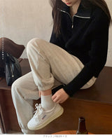 リブニット ハーフジップ ファスナー 襟付き 長袖 レディース セーター トップス プルオーバー ポロニット ハイネック タートルネック 白 黒 赤 ブラウン アイボリー【ハーフジップリブニット】