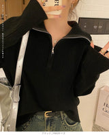 リブニット ハーフジップ ファスナー 襟付き 長袖 レディース セーター トップス プルオーバー ポロニット ハイネック タートルネック 白 黒 赤 ブラウン アイボリー【ハーフジップリブニット】