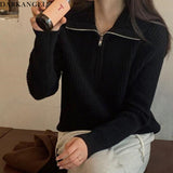 リブニット ハーフジップ ファスナー 襟付き 長袖 レディース セーター トップス プルオーバー ポロニット ハイネック タートルネック 白 黒 赤 ブラウン アイボリー【ハーフジップリブニット】