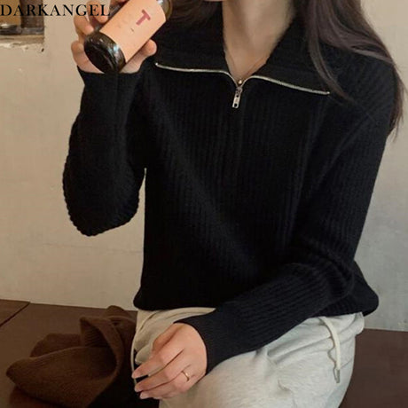 リブニット ハーフジップ ファスナー 襟付き 長袖 レディース セーター トップス プルオーバー ポロニット ハイネック タートルネック 白 黒 赤 ブラウン アイボリー【ハーフジップリブニット】