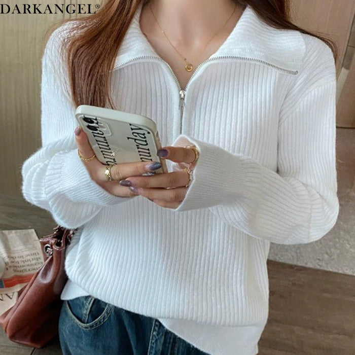 リブニット ハーフジップ ファスナー 襟付き 長袖 レディース セーター トップス プルオーバー ポロニット ハイネック タートルネック 白 黒 赤 ブラウン アイボリー【ハーフジップリブニット】