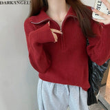 リブニット ハーフジップ ファスナー 襟付き 長袖 レディース セーター トップス プルオーバー ポロニット ハイネック タートルネック 白 黒 赤 ブラウン アイボリー【ハーフジップリブニット】