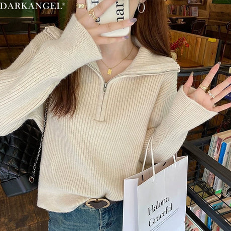 リブニット ハーフジップ ファスナー 襟付き 長袖 レディース セーター トップス プルオーバー ポロニット ハイネック タートルネック 白 黒 赤 ブラウン アイボリー【ハーフジップリブニット】