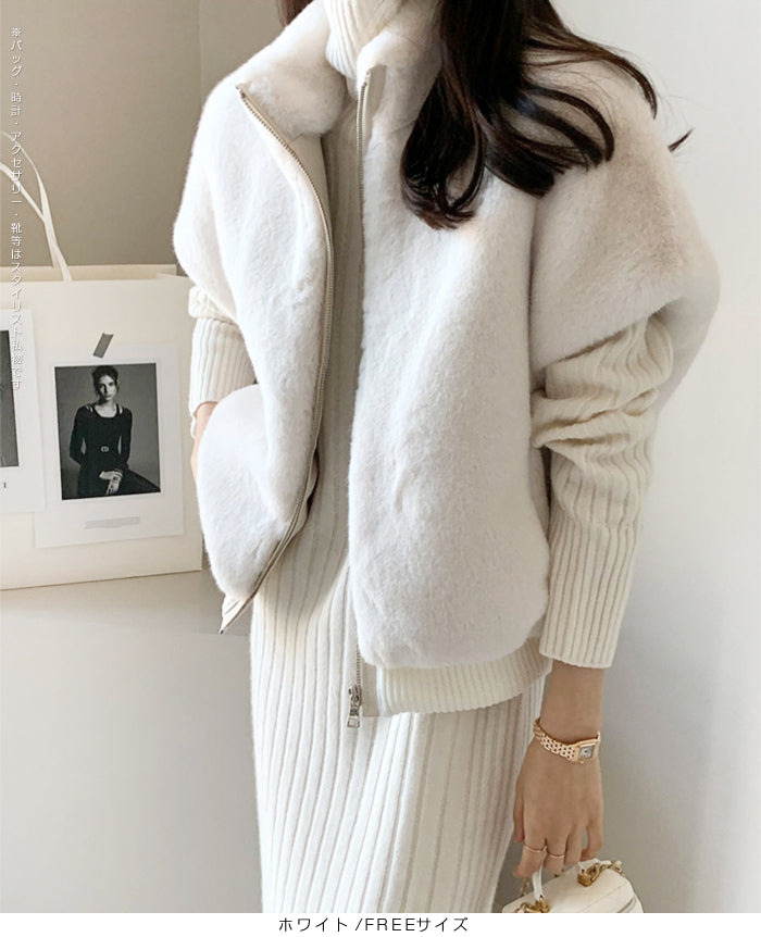 セオリー　21AW　フェイクファー　ジップアップベスト　白　S SLOW&STYLE ふんわりファーリー毛皮調ジップベスト スローアンド