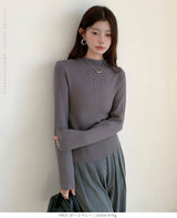 リブ ニット トップス 秋 レディース オフネック モックネック 長袖 セーター 伸縮性 きれいめ 細見え 無地 洗える シンプル きれいめ インナー 通勤 通学 オフィス カジュアル 秋冬