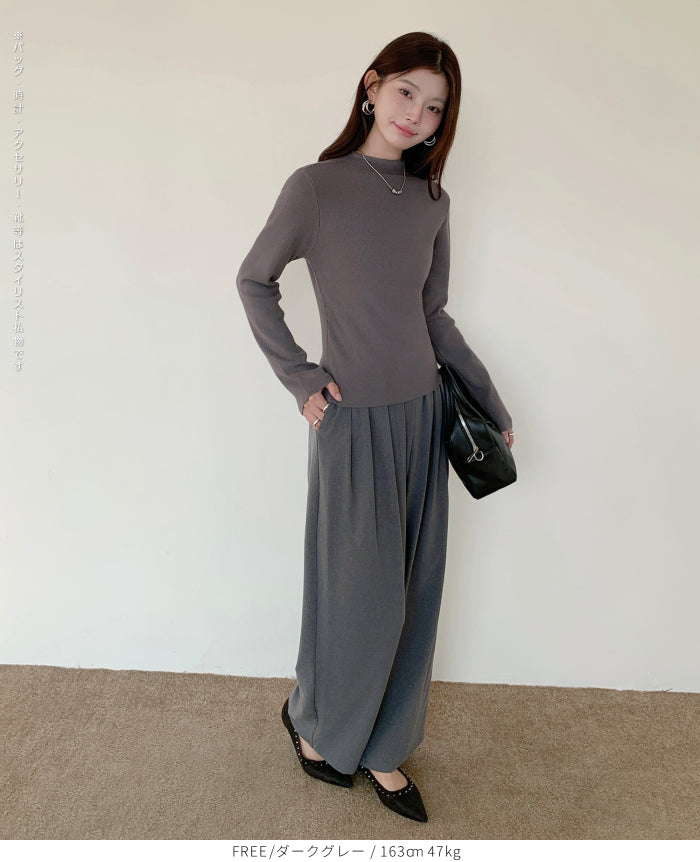 リブ ニット トップス 秋 レディース オフネック モックネック 長袖 セーター 伸縮性 きれいめ 細見え 無地 洗える シンプル きれいめ インナー 通勤 通学 オフィス カジュアル 秋冬