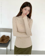 リブ ニット トップス 秋 レディース オフネック モックネック 長袖 セーター 伸縮性 きれいめ 細見え 無地 洗える シンプル きれいめ インナー 通勤 通学 オフィス カジュアル 秋冬