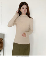 リブ ニット トップス 秋 レディース オフネック モックネック 長袖 セーター 伸縮性 きれいめ 細見え 無地 洗える シンプル きれいめ インナー 通勤 通学 オフィス カジュアル 秋冬