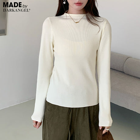 リブ ニット トップス 秋 レディース オフネック モックネック 長袖 セーター 伸縮性 きれいめ 細見え 無地 洗える シンプル きれいめ インナー 通勤 通学 オフィス カジュアル 秋冬